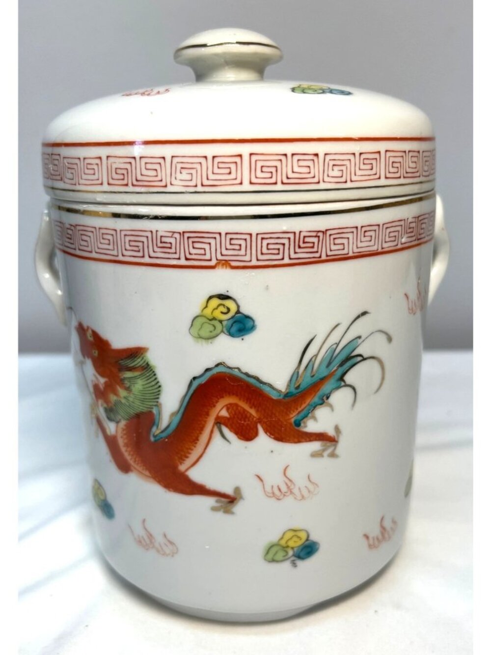 Vintage Chinese Double lid Hand Painted Dragon Phoenix Tea Caddy Satsuma